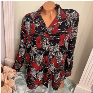 Donnkenny. Size P2X Petite. Long Sleeve Black red Tunic. Poly. Shirt. B125